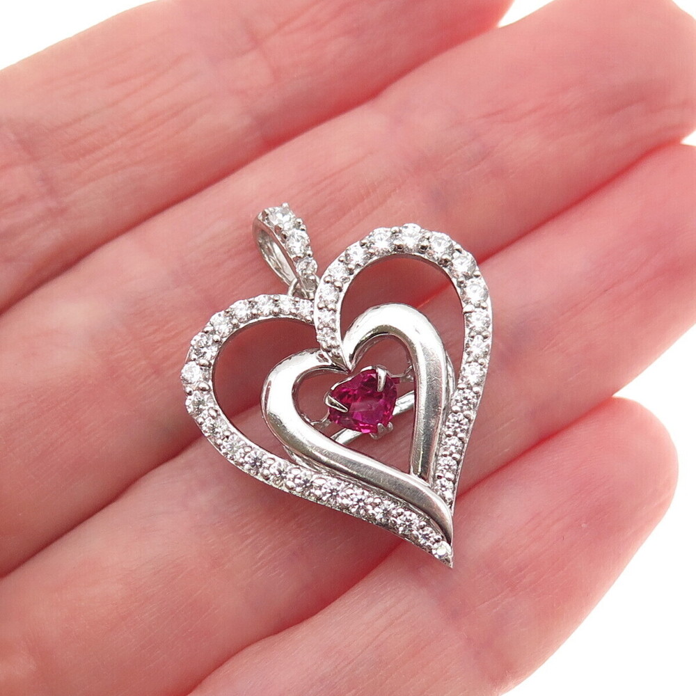 Sun 925 Sterling Silver Lab-Created Ruby & C Z Heart Charm Pendant